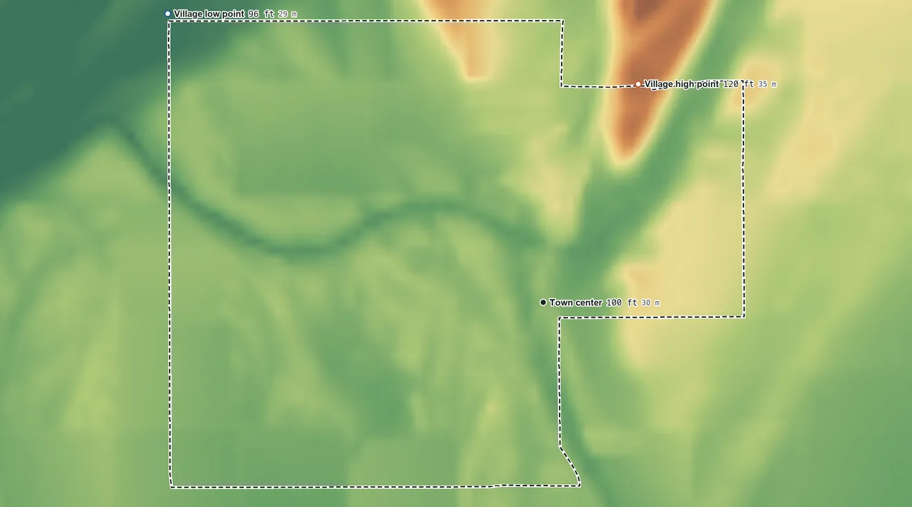 Topographic elevation map of Pioneer, Louisiana, shaded from 96 ft on the northwest side to 120 ft on the northeast side