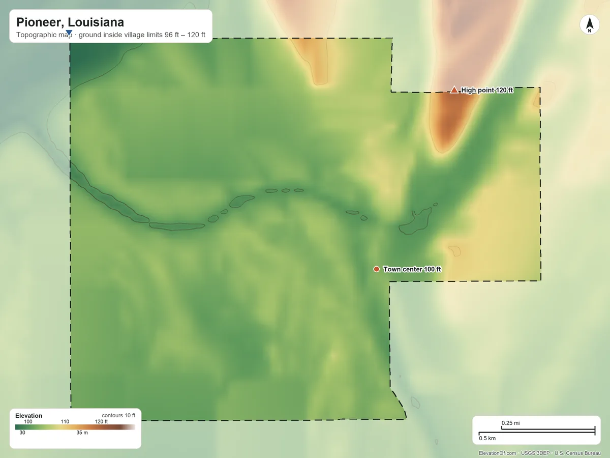 Topographic elevation map of Pioneer, Louisiana, shaded from 96 ft on the northwest side to 120 ft on the northeast side