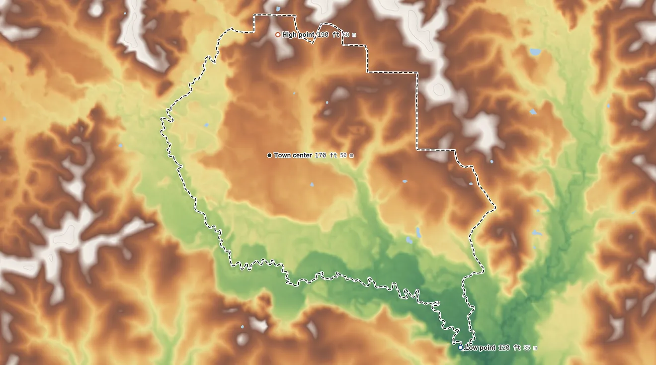 Topographic elevation map of Pitkin, Louisiana, shaded from 120 ft on the southeast side to 190 ft on the north side