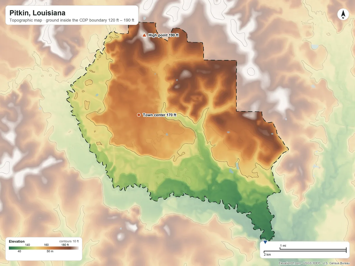 Topographic elevation map of Pitkin, Louisiana, shaded from 120 ft on the southeast side to 190 ft on the north side
