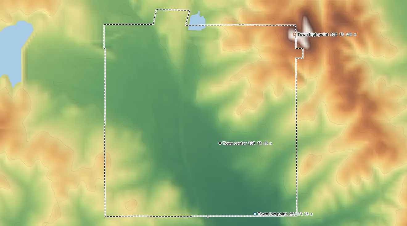 Topographic elevation map of Plain Dealing, Louisiana, shaded from 250 ft on the southeast side to 420 ft on the northeast side
