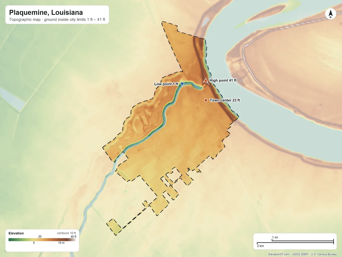 Topographic elevation map of Plaquemine, Louisiana, shaded from 1 ft on the northwest side to 41 ft near the middle