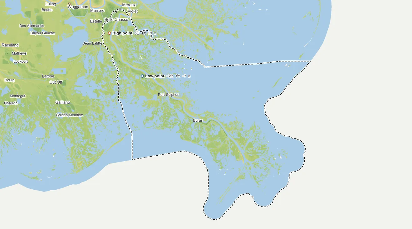 Topographic elevation map of Plaquemines Parish, Louisiana, shaded from 22 ft below sea level on the northwest side to 61 ft on the northwest side