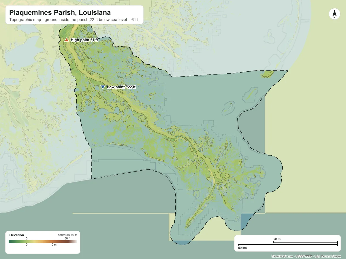 Topographic elevation map of Plaquemines Parish, Louisiana, shaded from 22 ft below sea level on the northwest side to 61 ft on the northwest side