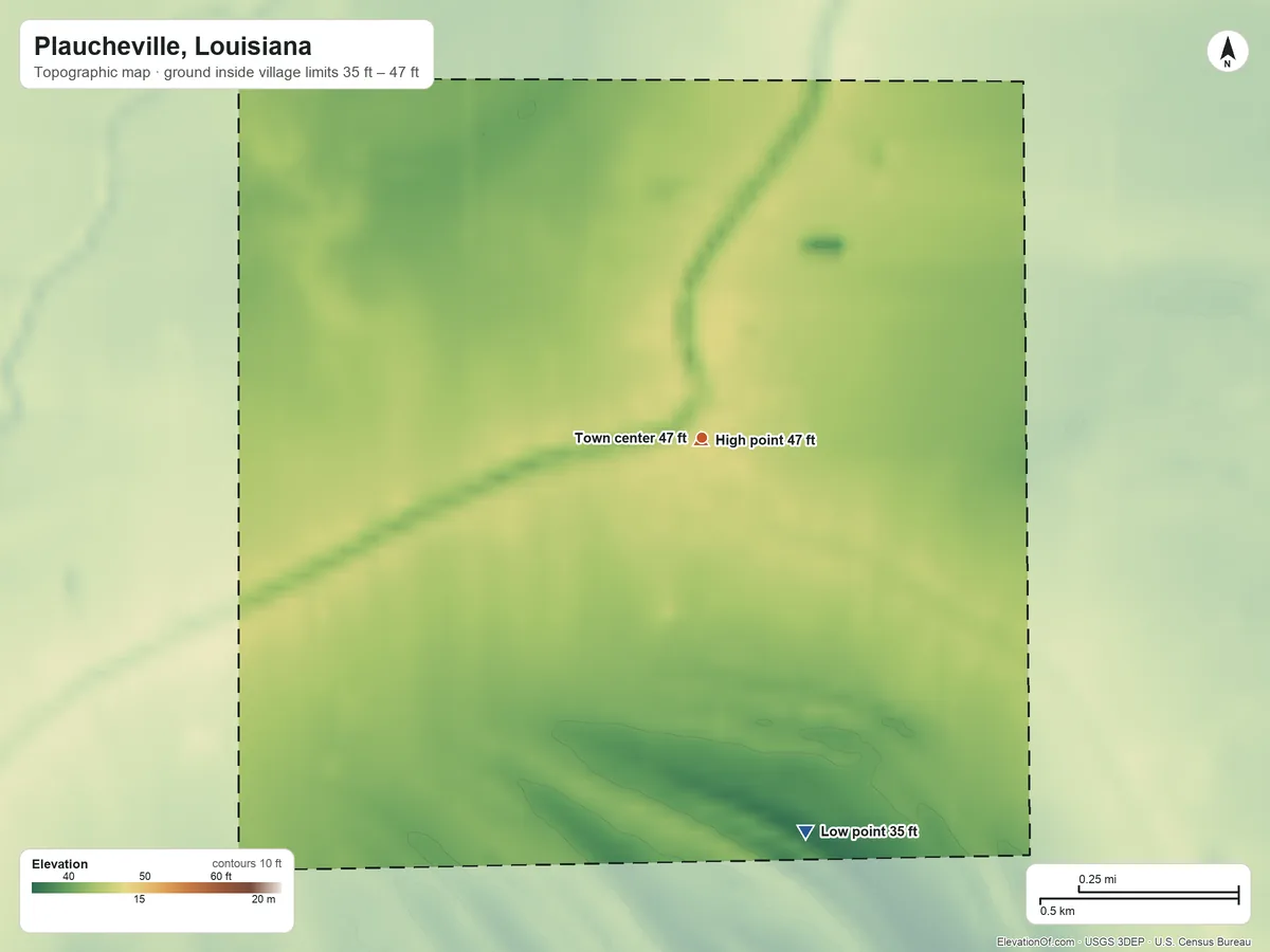 Topographic elevation map of Plaucheville, Louisiana, shaded from 35 ft on the south side to 47 ft near the middle