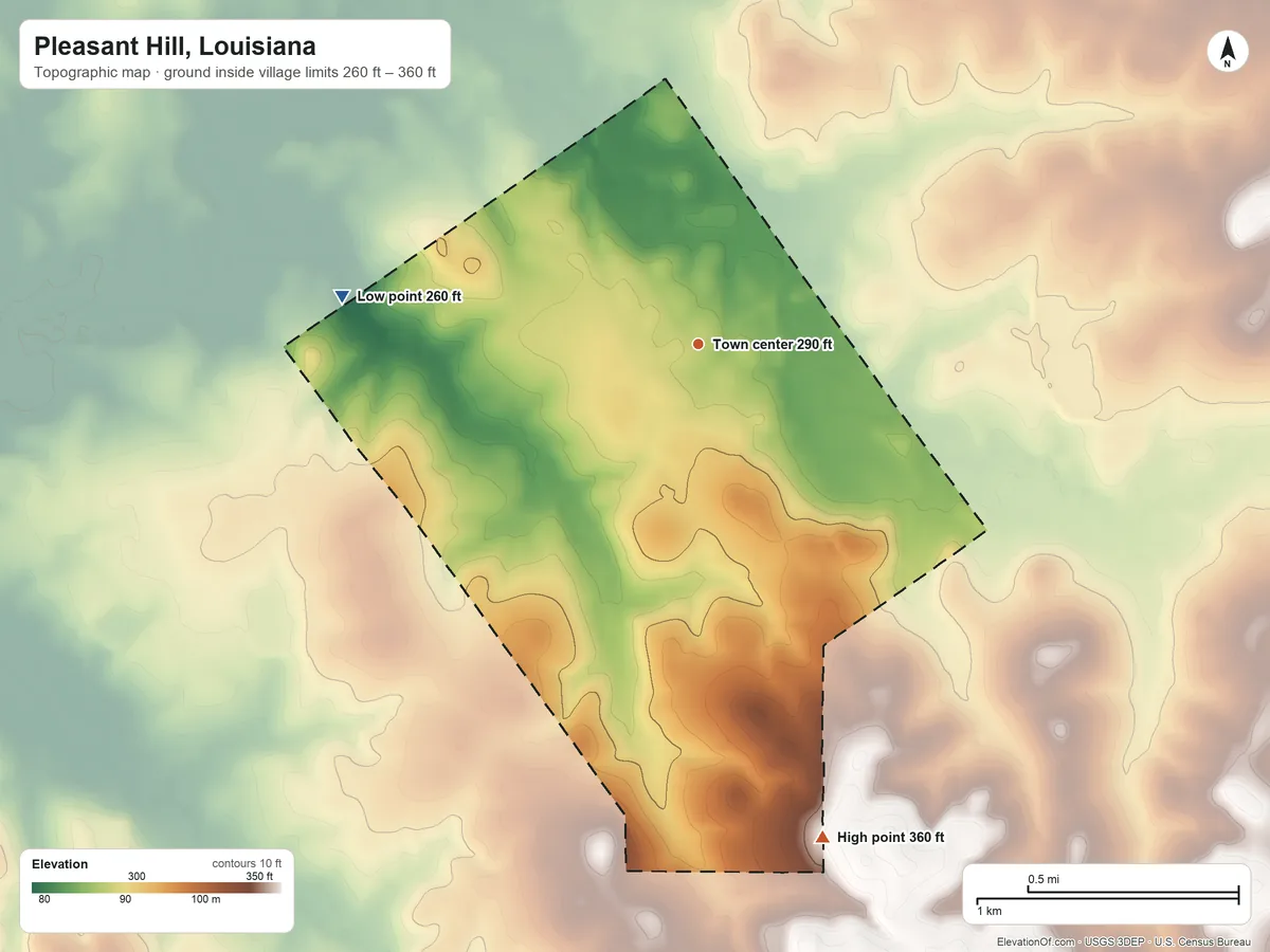 Topographic elevation map of Pleasant Hill, Louisiana, shaded from 260 ft on the west side to 360 ft on the south side