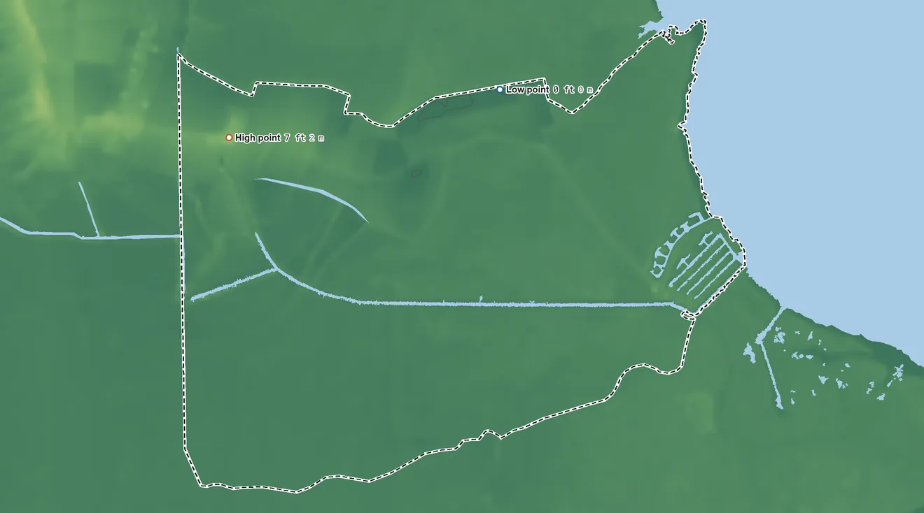 Topographic elevation map of Pleasure Bend, Louisiana, shaded from 0 ft on the north side to 7 ft on the west side