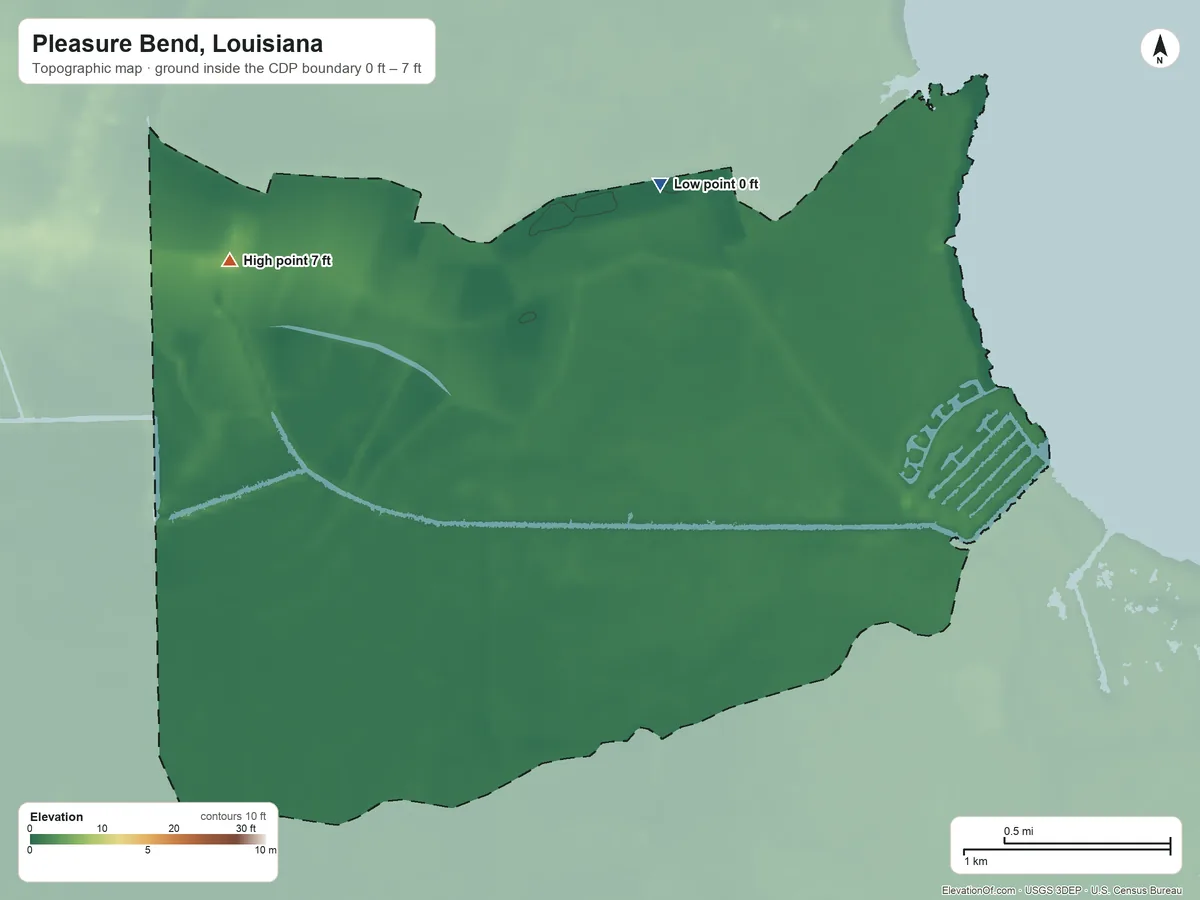 Topographic elevation map of Pleasure Bend, Louisiana, shaded from 0 ft on the north side to 7 ft on the west side