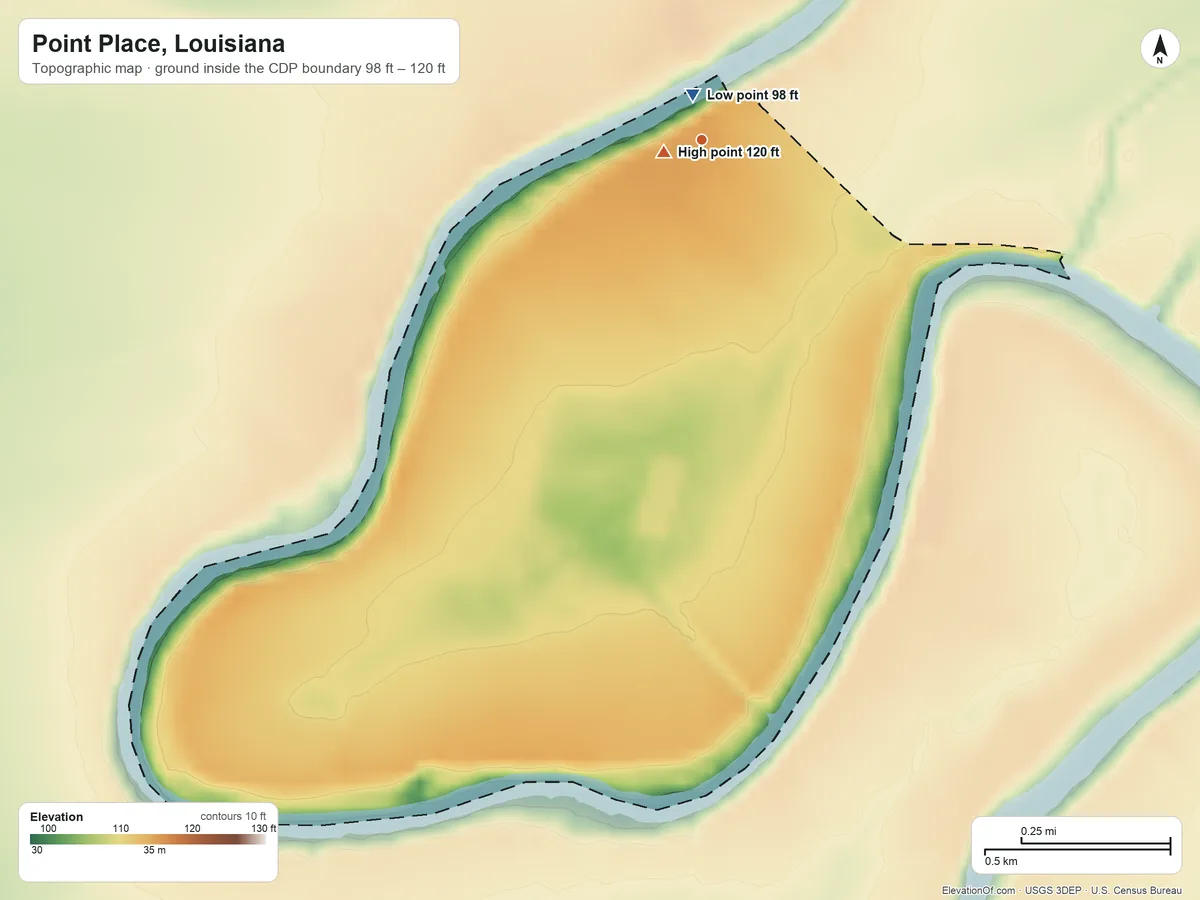 Topographic elevation map of Point Place, Louisiana, shaded from 98 ft near the middle to 120 ft near the middle