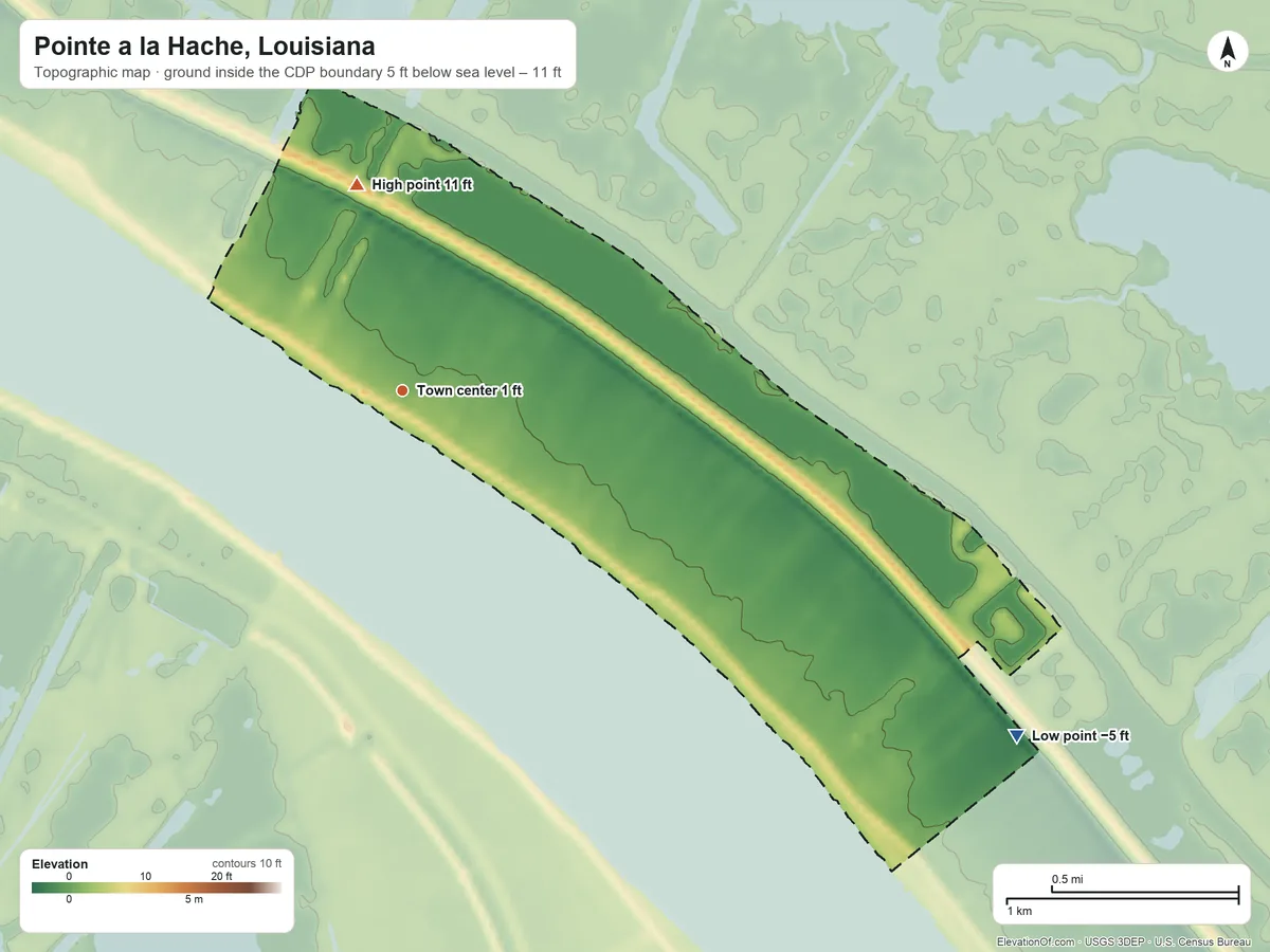 Topographic elevation map of Pointe a la Hache, Louisiana, shaded from −5 ft on the southeast side to 11 ft on the north side