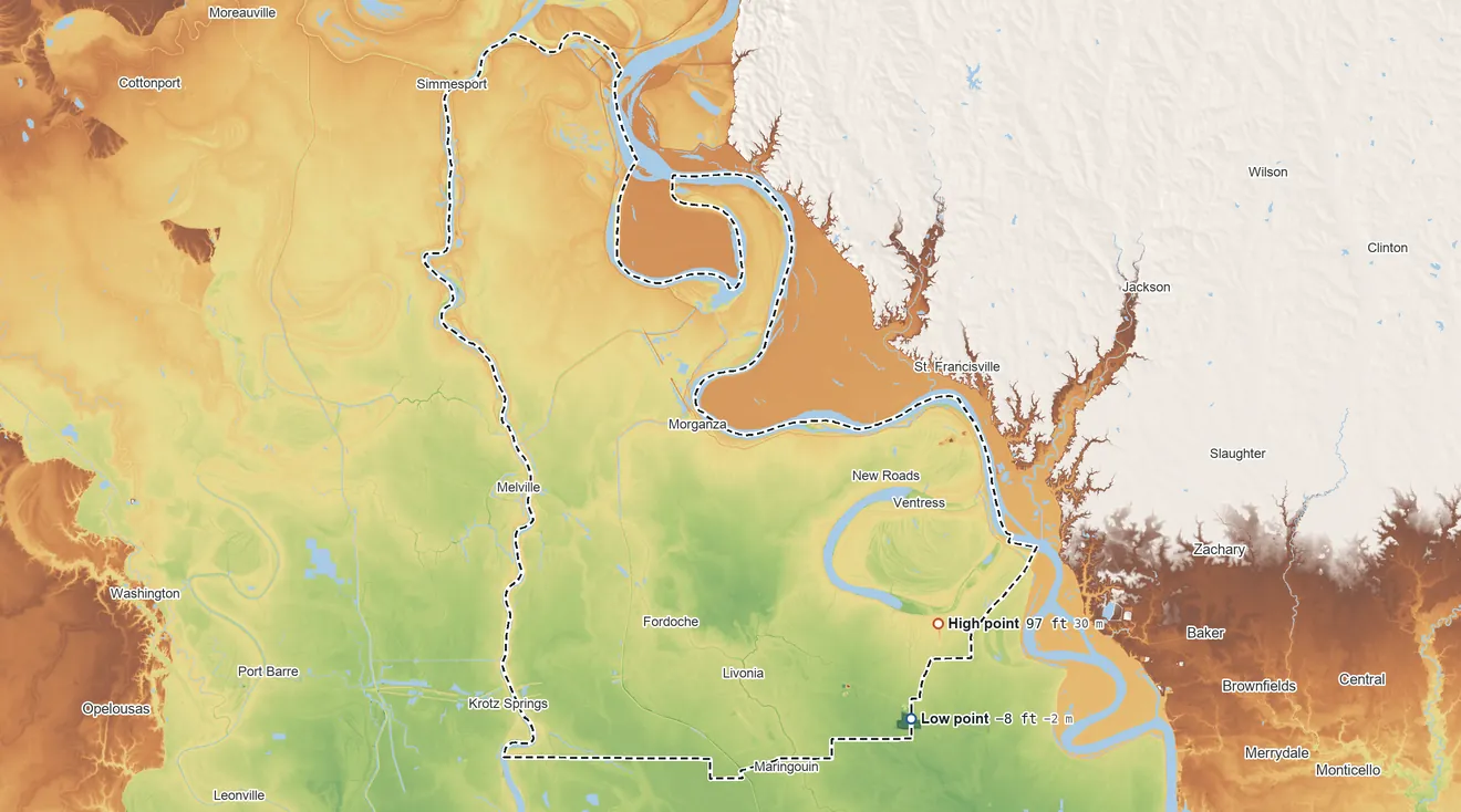 Topographic elevation map of Pointe Coupee Parish, Louisiana, shaded from 8 ft below sea level on the southeast side to 97 ft on the southeast side
