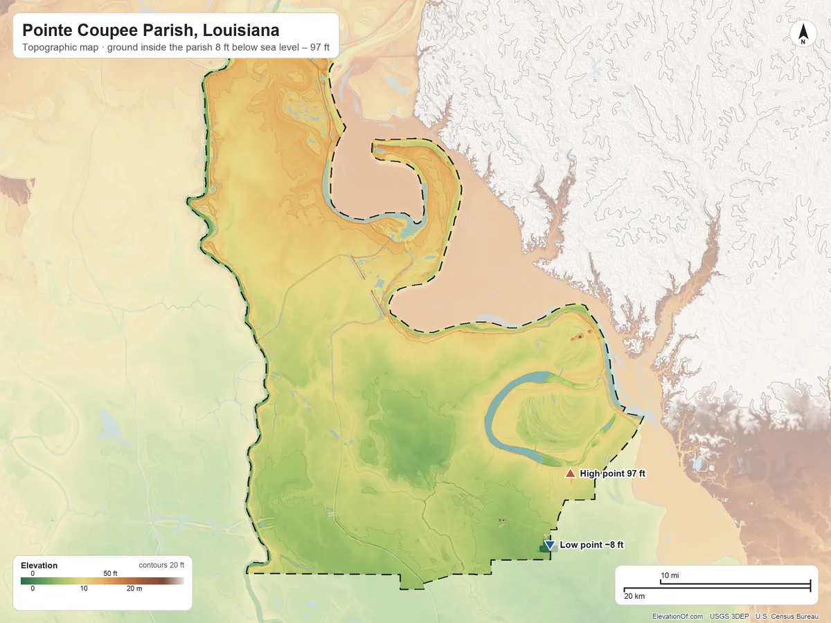Topographic elevation map of Pointe Coupee Parish, Louisiana, shaded from 8 ft below sea level on the southeast side to 97 ft on the southeast side