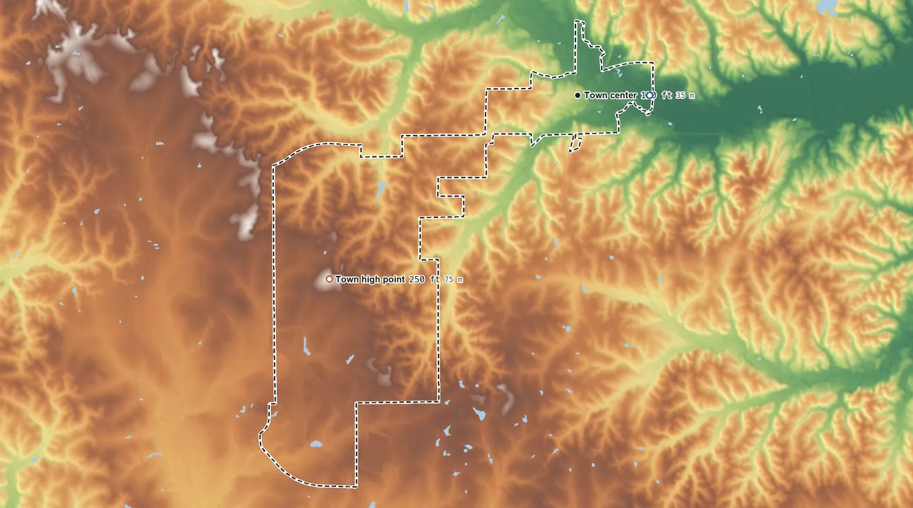 Topographic elevation map of Pollock, Louisiana, shaded from 75 ft on the east side to 250 ft on the southwest side