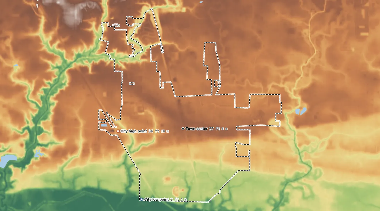 Topographic elevation map of Ponchatoula, Louisiana, shaded from 2 ft on the southwest side to 34 ft on the west side