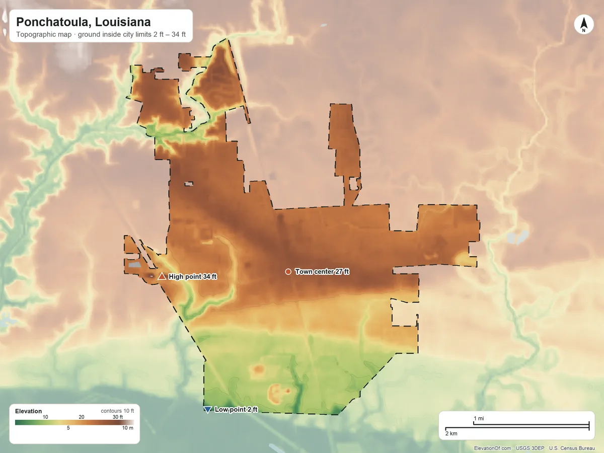 Topographic elevation map of Ponchatoula, Louisiana, shaded from 2 ft on the southwest side to 34 ft on the west side