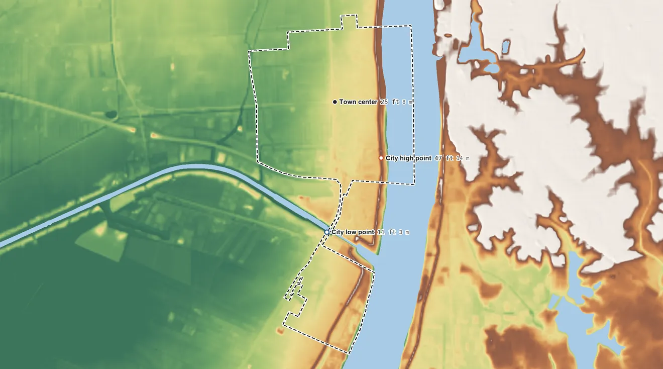 Topographic elevation map of Port Allen, Louisiana, shaded from 11 ft on the south side to 47 ft on the southeast side