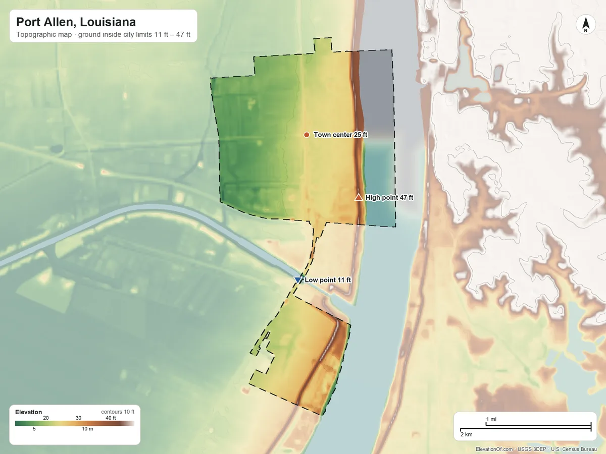 Topographic elevation map of Port Allen, Louisiana, shaded from 11 ft on the south side to 47 ft on the southeast side