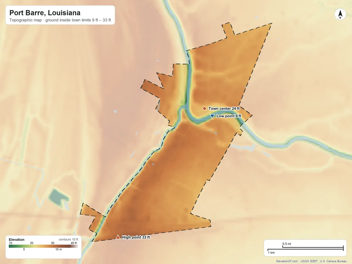 Topographic elevation map of Port Barre, Louisiana, shaded from 9 ft near the middle to 33 ft on the southwest side