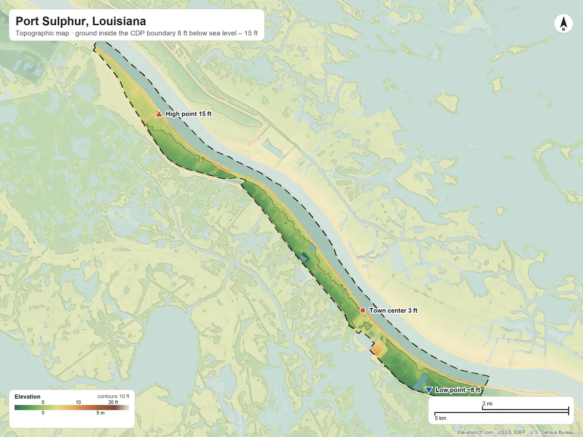 Topographic elevation map of Port Sulphur, Louisiana, shaded from −8 ft on the southeast side to 15 ft on the northwest side
