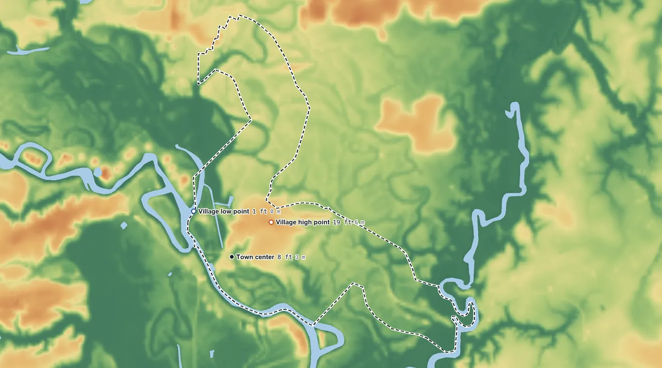 Topographic elevation map of Port Vincent, Louisiana, shaded from 1 ft on the northwest side to 19 ft on the northeast side
