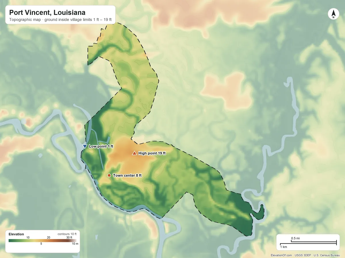 Topographic elevation map of Port Vincent, Louisiana, shaded from 1 ft on the northwest side to 19 ft on the northeast side