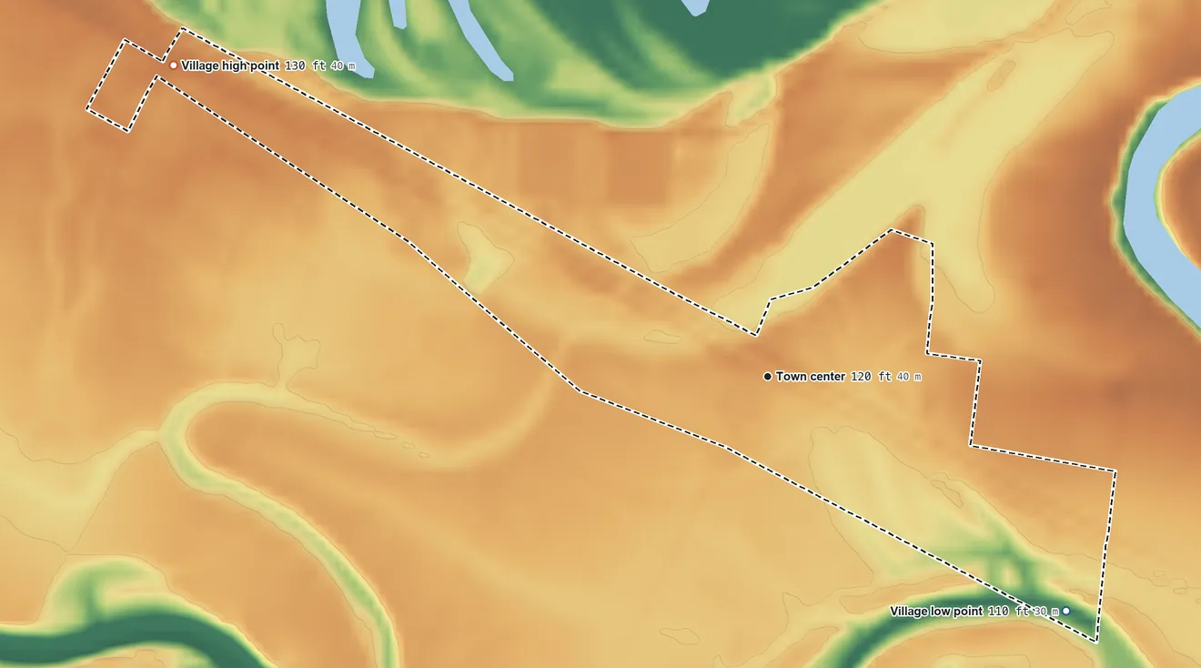 Topographic elevation map of Powhatan, Louisiana, shaded from 110 ft on the southeast side to 130 ft on the northwest side