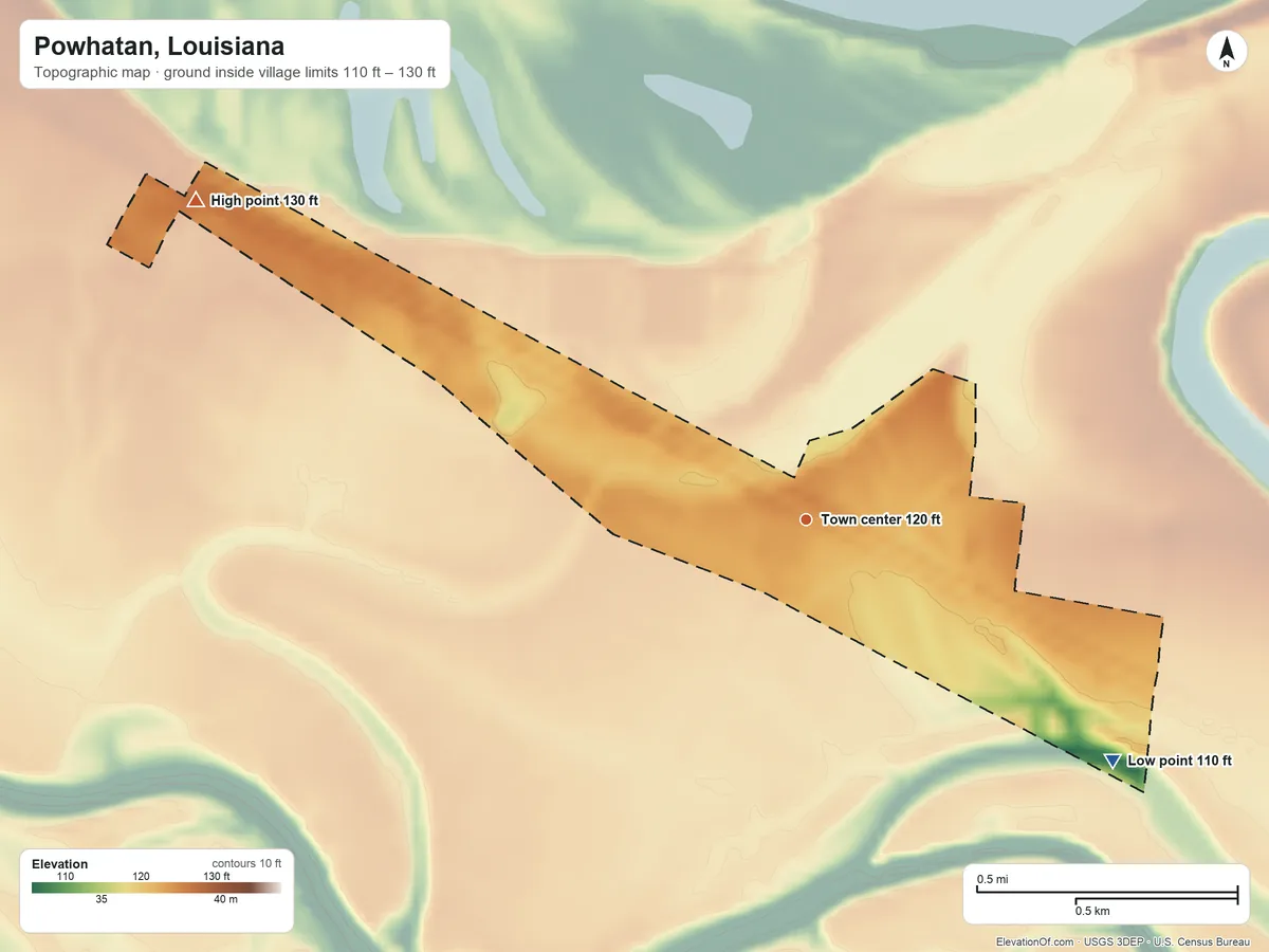 Topographic elevation map of Powhatan, Louisiana, shaded from 110 ft on the southeast side to 130 ft on the northwest side