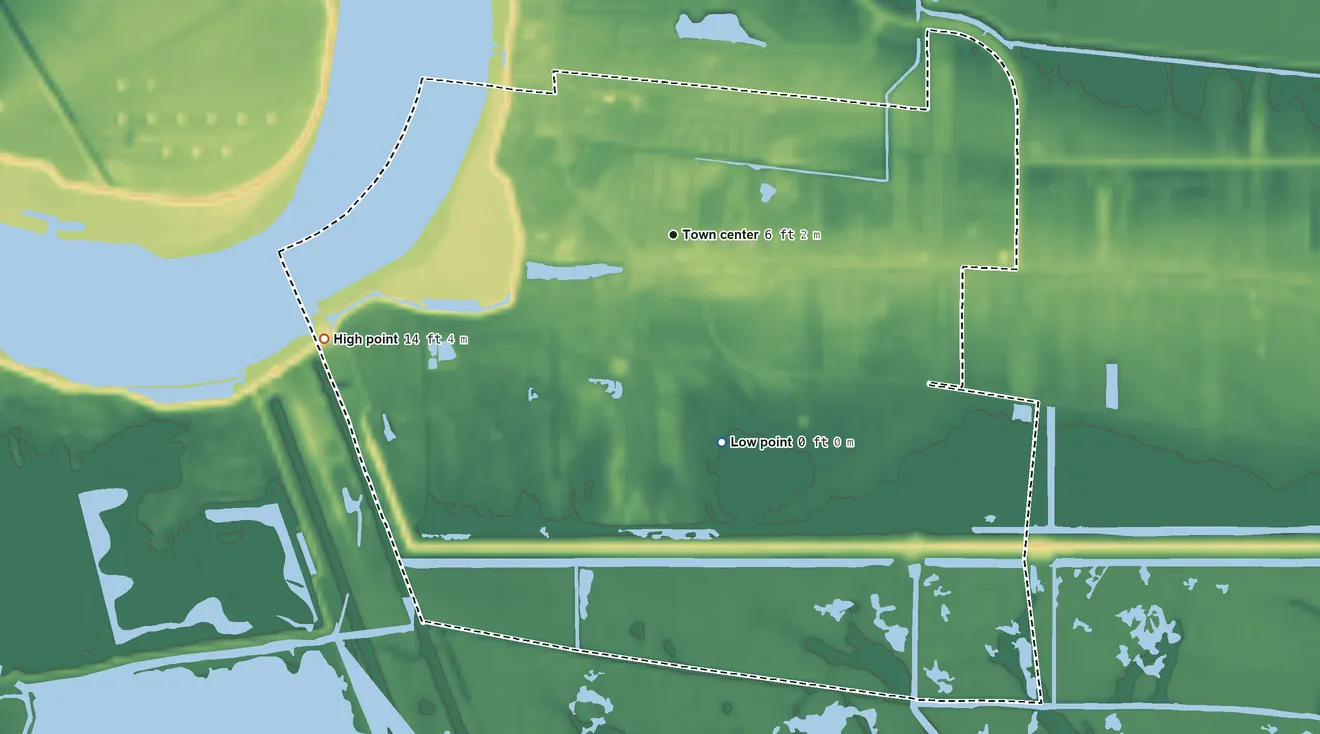 Topographic elevation map of Poydras, Louisiana, shaded from 0 ft on the south side to 14 ft on the west side