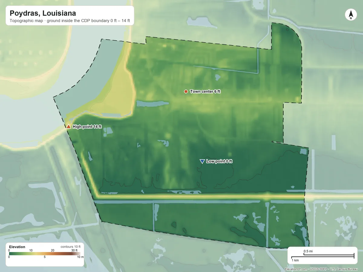 Topographic elevation map of Poydras, Louisiana, shaded from 0 ft on the south side to 14 ft on the west side