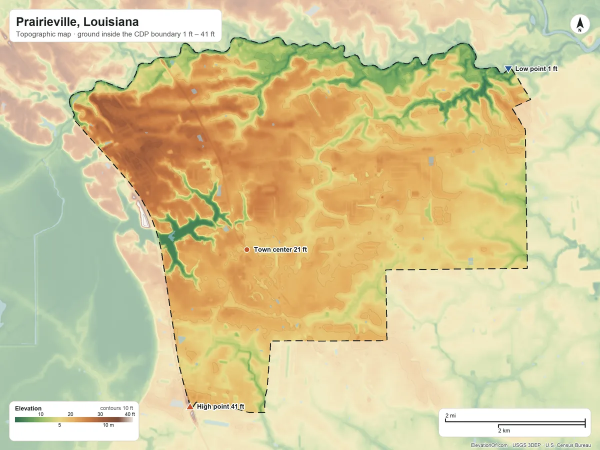 Topographic elevation map of Prairieville, Louisiana, shaded from 1 ft on the northeast side to 41 ft on the south side