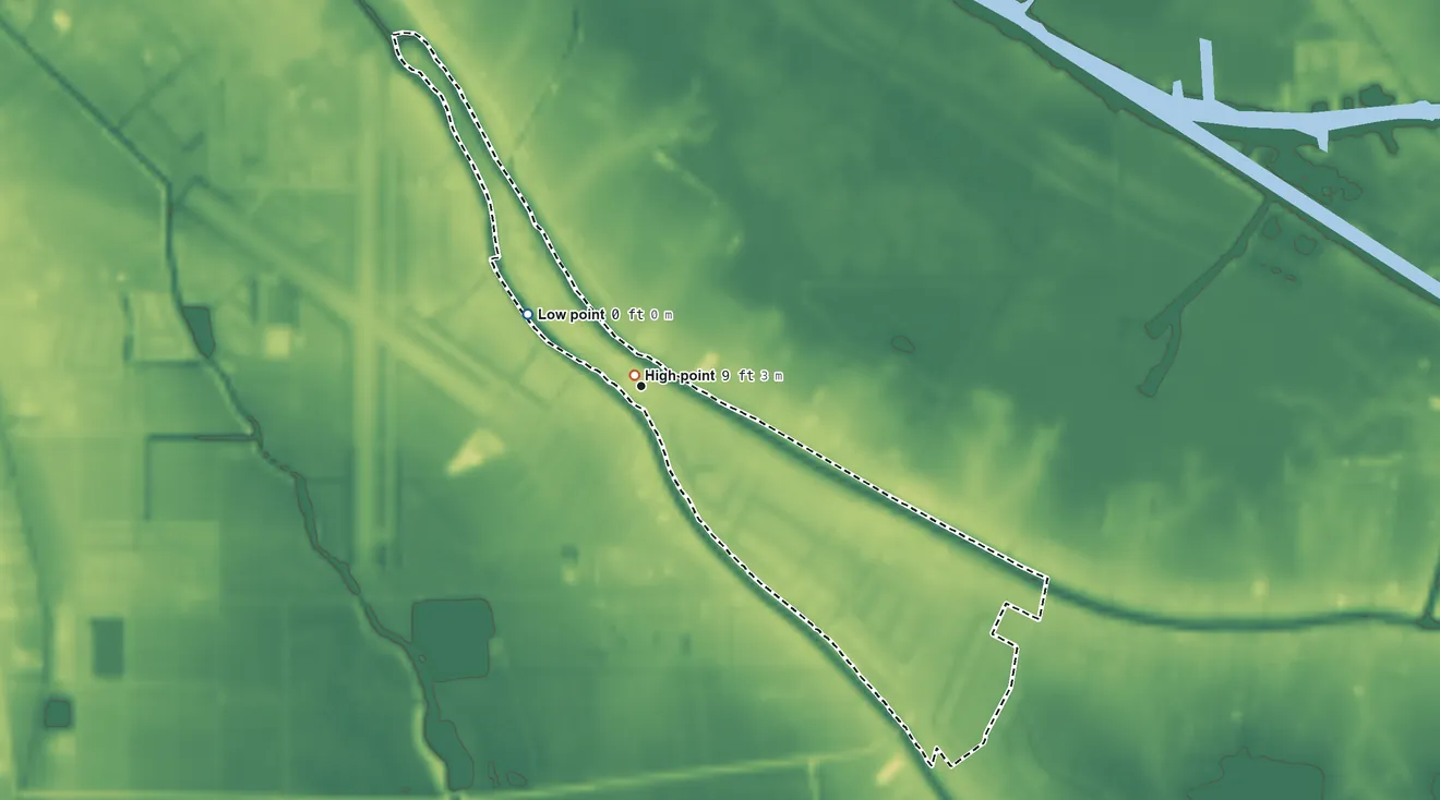 Topographic elevation map of Presquille, Louisiana, shaded from 0 ft on the northwest side to 9 ft near the middle
