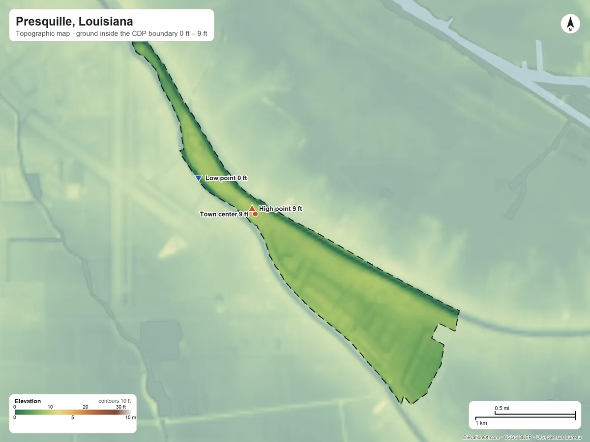 Topographic elevation map of Presquille, Louisiana, shaded from 0 ft on the northwest side to 9 ft near the middle
