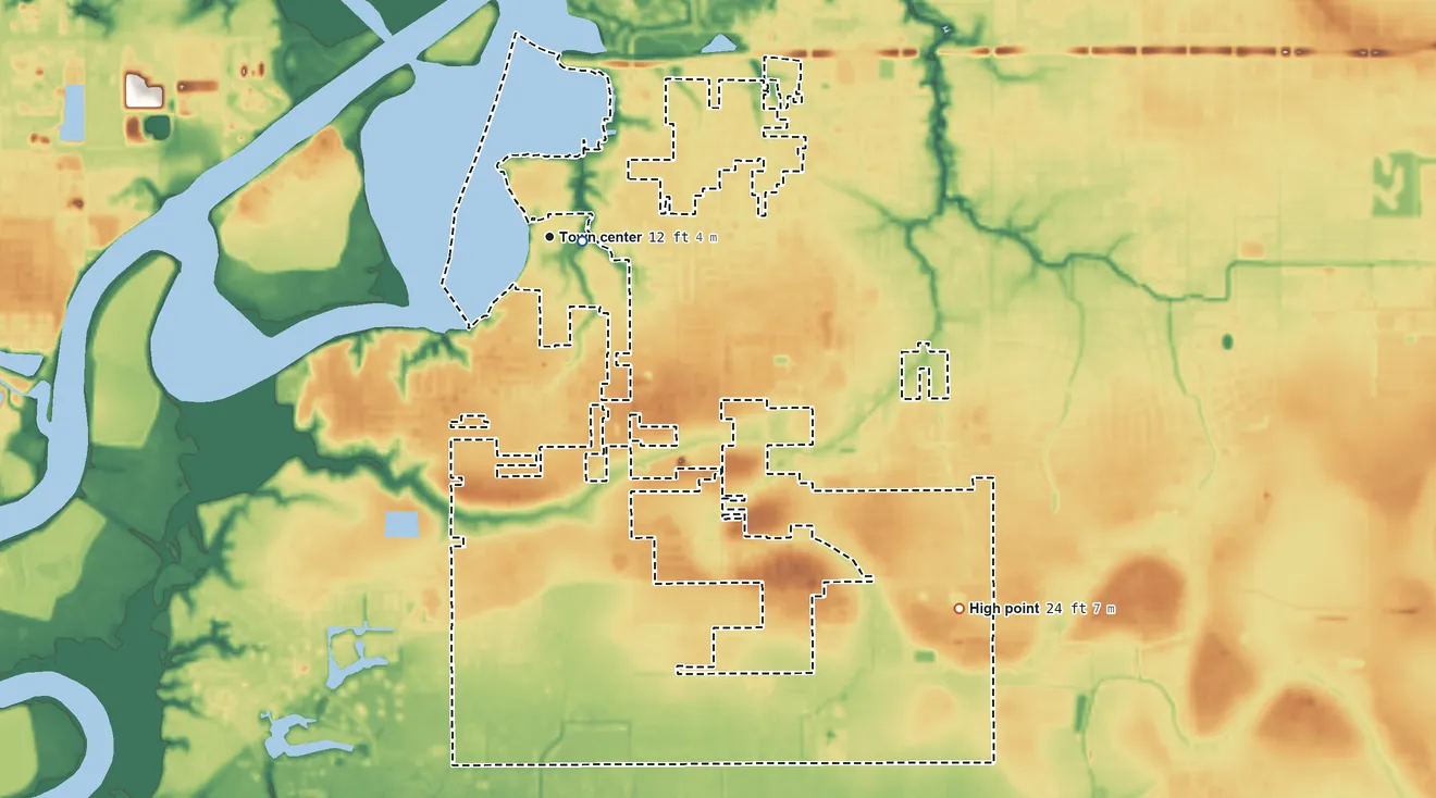 Topographic elevation map of Prien, Louisiana, shaded from sea level level on Indian Bay to 24 ft on the southeast side