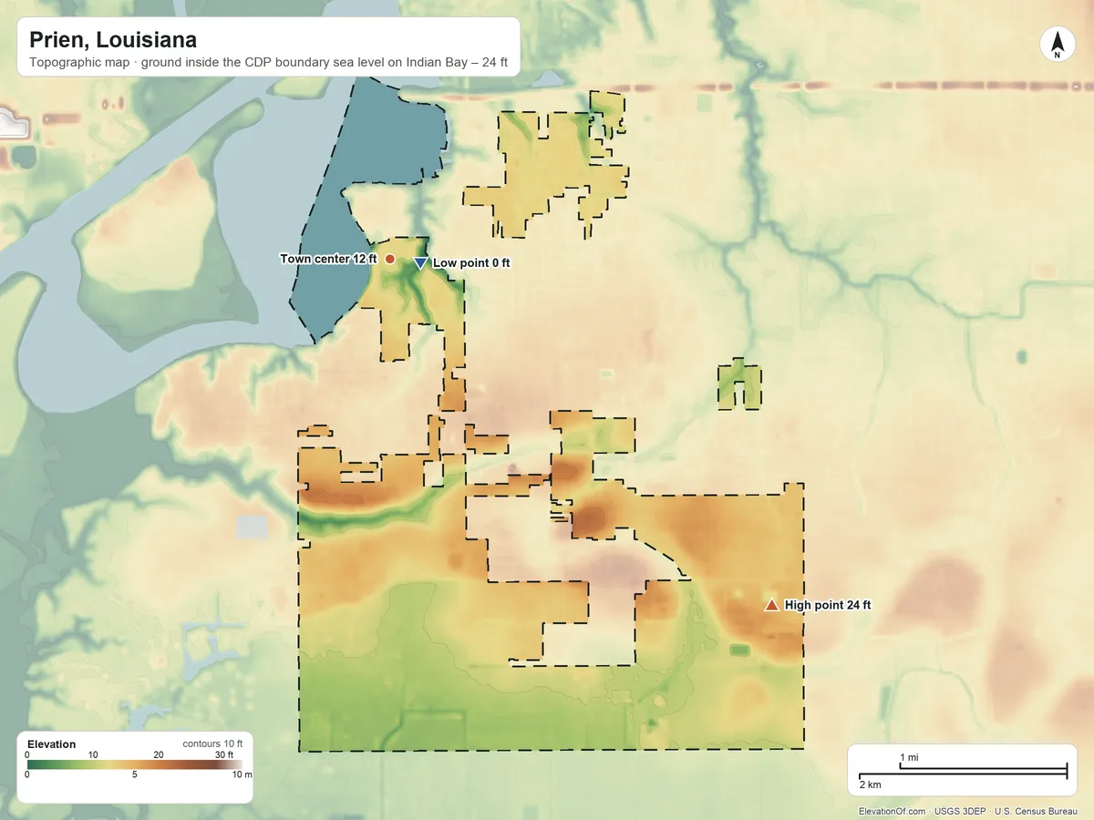 Topographic elevation map of Prien, Louisiana, shaded from sea level level on Indian Bay to 24 ft on the southeast side