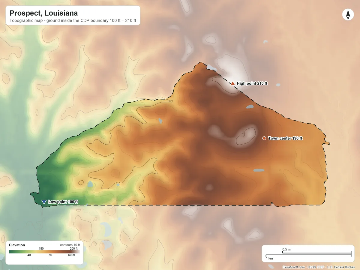 Topographic elevation map of Prospect, Louisiana, shaded from 100 ft on the west side to 210 ft on the northwest side