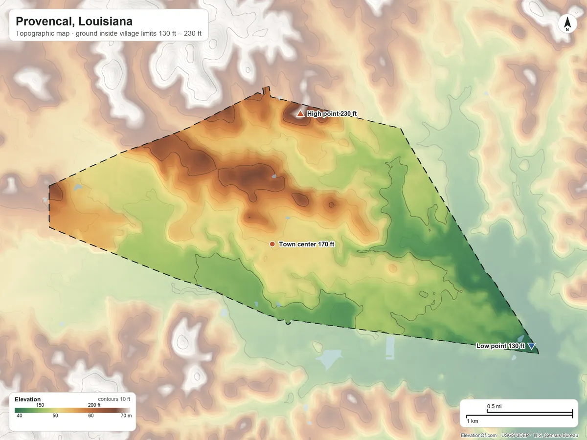Topographic elevation map of Provencal, Louisiana, shaded from 130 ft on the east side to 230 ft on the north side
