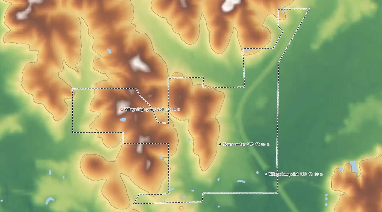 Topographic elevation map of Quitman, Louisiana, shaded from 160 ft on the southeast side to 260 ft on the west side