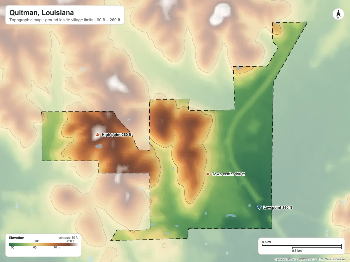Topographic elevation map of Quitman, Louisiana, shaded from 160 ft on the southeast side to 260 ft on the west side