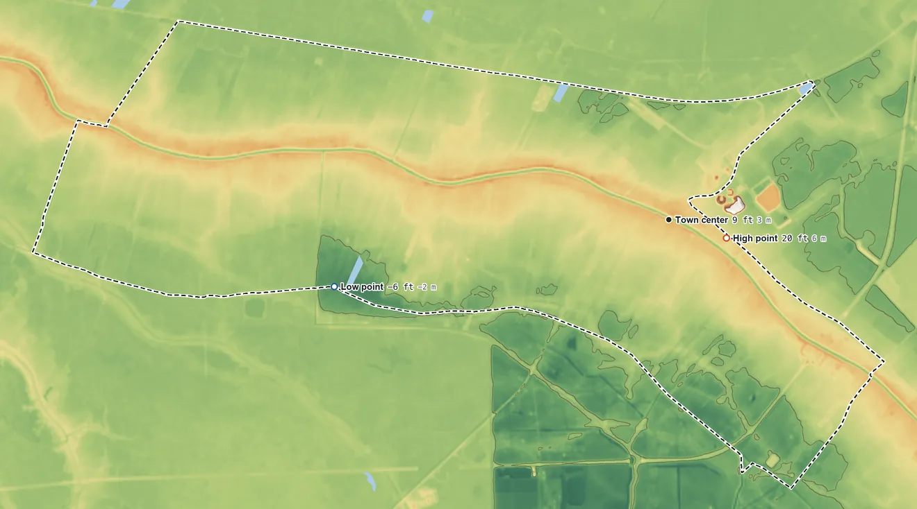 Topographic elevation map of Raceland, Louisiana, shaded from −6 ft on the west side to 20 ft near the middle