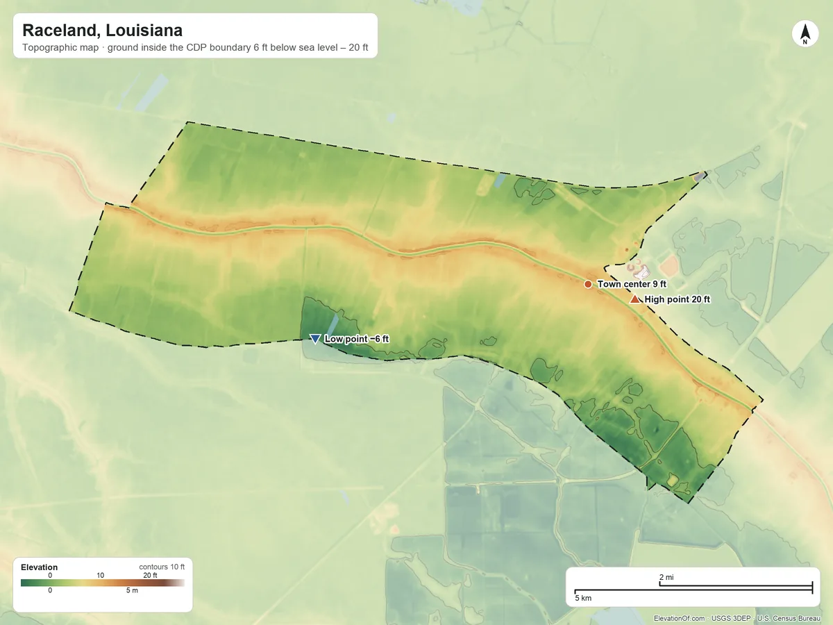Topographic elevation map of Raceland, Louisiana, shaded from −6 ft on the west side to 20 ft near the middle