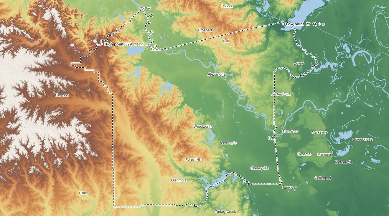 Topographic elevation map of Rapides Parish, Louisiana, shaded from 29 ft on the northeast side to 320 ft on the northwest side
