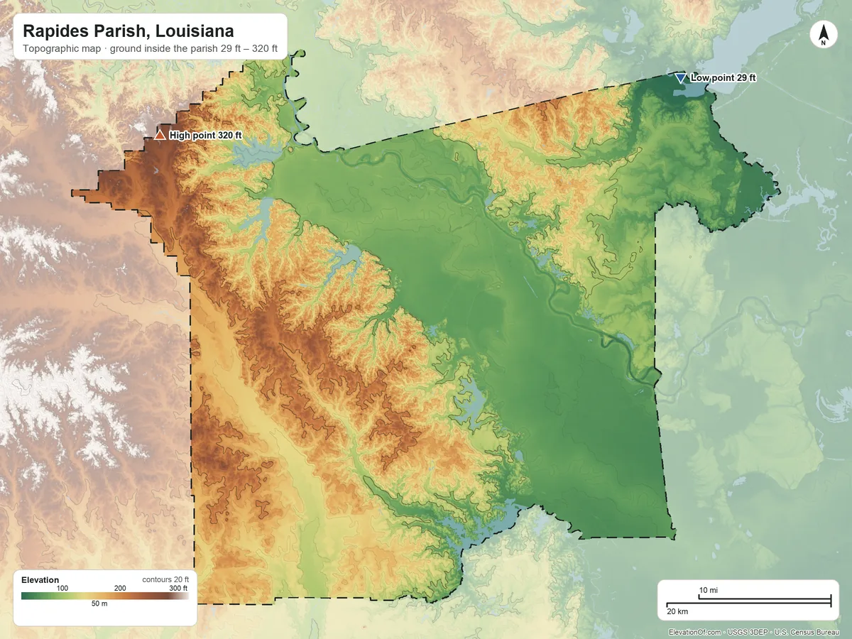 Topographic elevation map of Rapides Parish, Louisiana, shaded from 29 ft on the northeast side to 320 ft on the northwest side