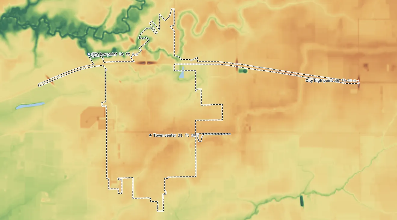 Topographic elevation map of Rayne, Louisiana, shaded from 14 ft on the northwest side to 46 ft on the east side