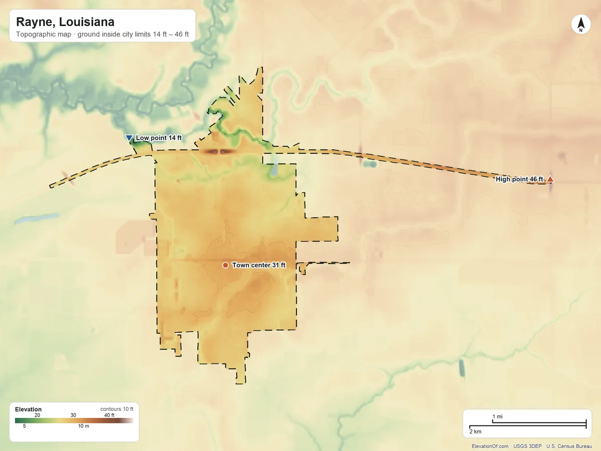 Topographic elevation map of Rayne, Louisiana, shaded from 14 ft on the northwest side to 46 ft on the east side