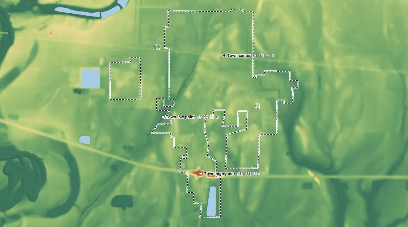 Topographic elevation map of Rayville, Louisiana, shaded from 73 ft on the southwest side to 110 ft on the south side