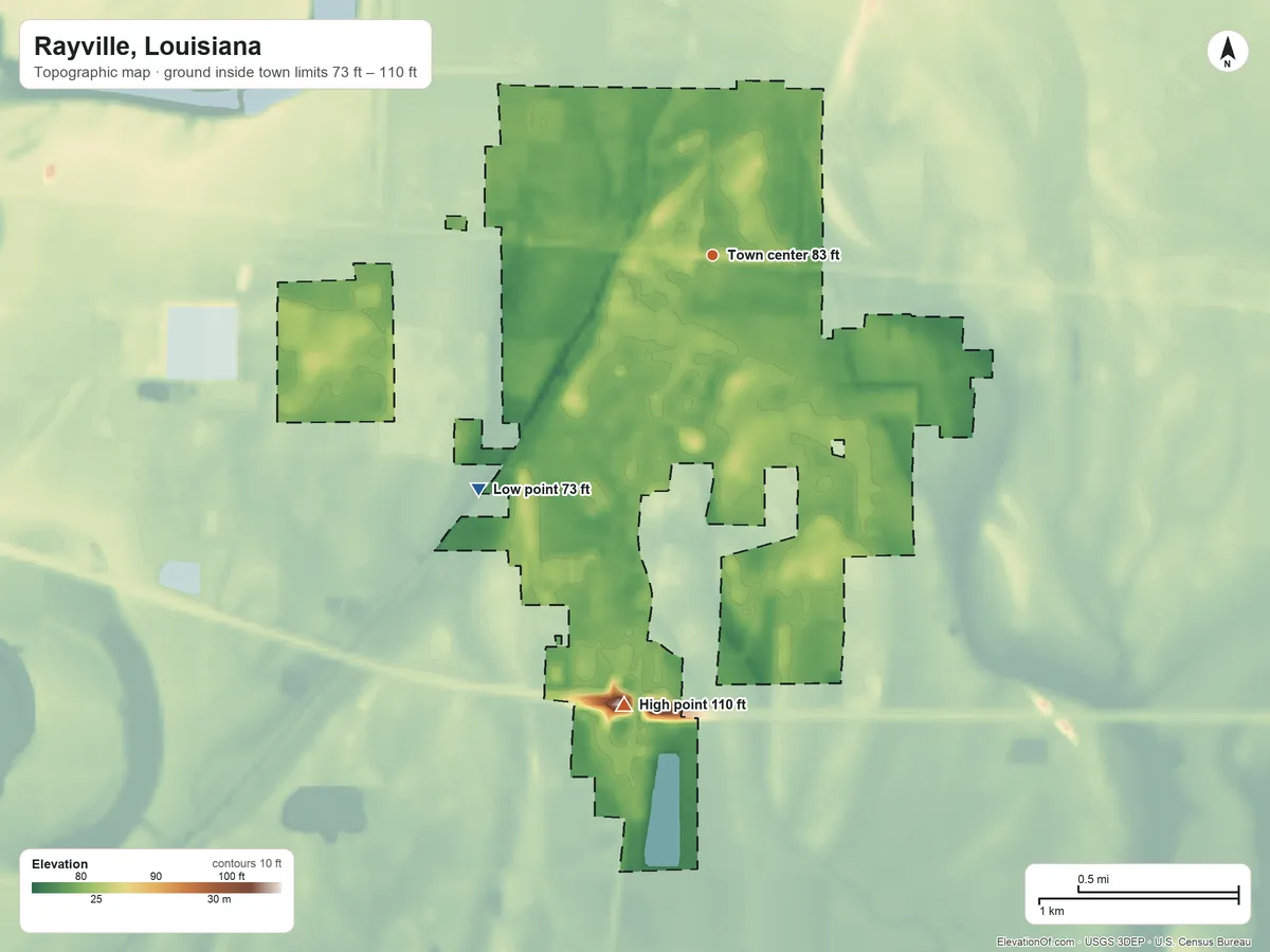 Topographic elevation map of Rayville, Louisiana, shaded from 73 ft on the southwest side to 110 ft on the south side