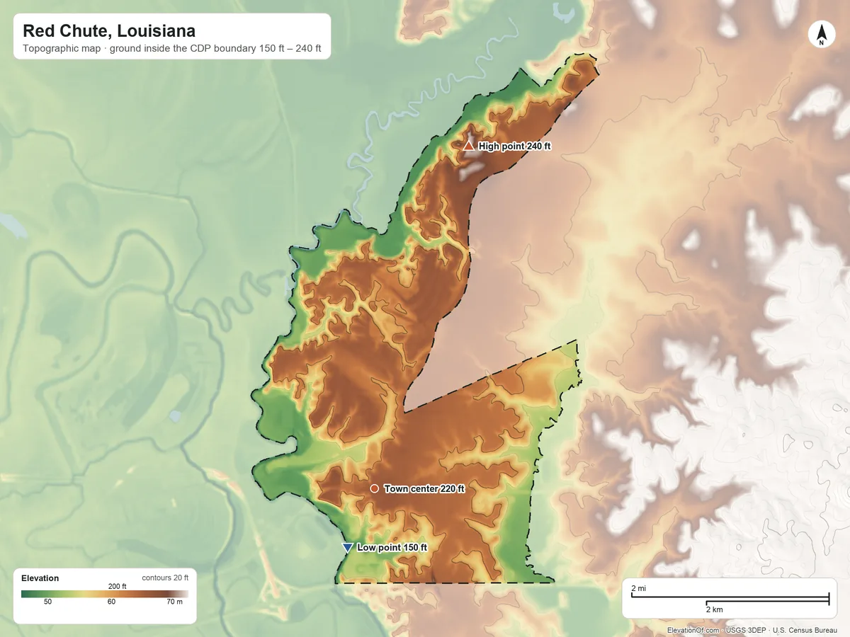 Topographic elevation map of Red Chute, Louisiana, shaded from 150 ft on the southwest side to 240 ft on the north side