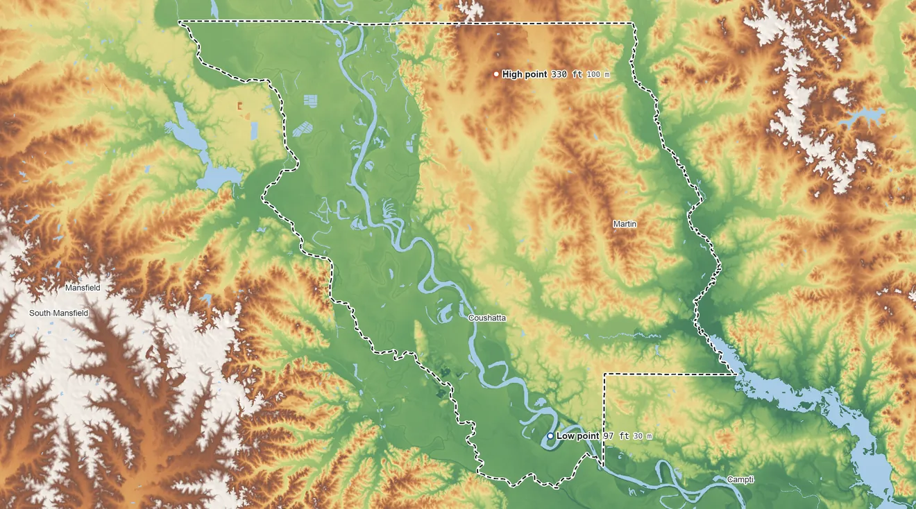 Topographic elevation map of Red River Parish, Louisiana, shaded from 97 ft on the southeast side to 330 ft on the north side