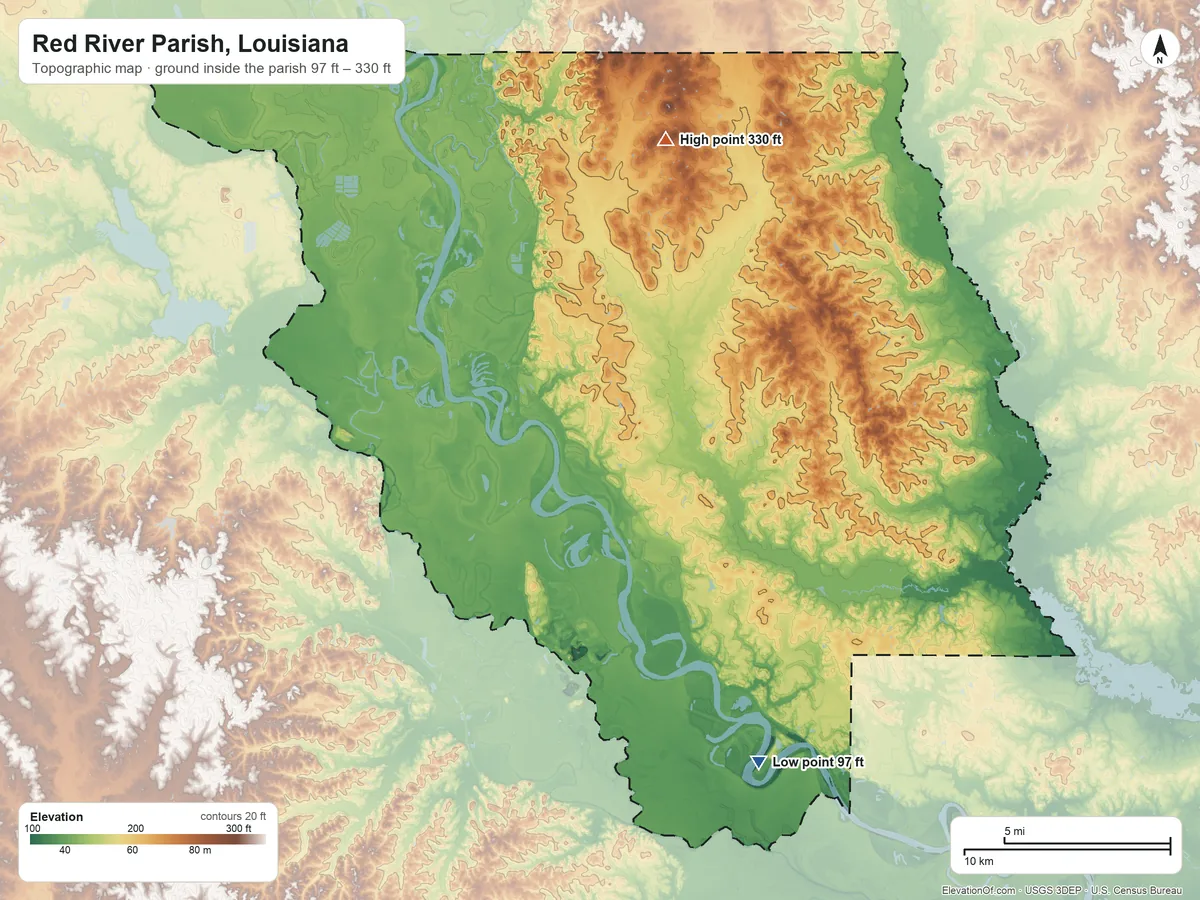 Topographic elevation map of Red River Parish, Louisiana, shaded from 97 ft on the southeast side to 330 ft on the north side