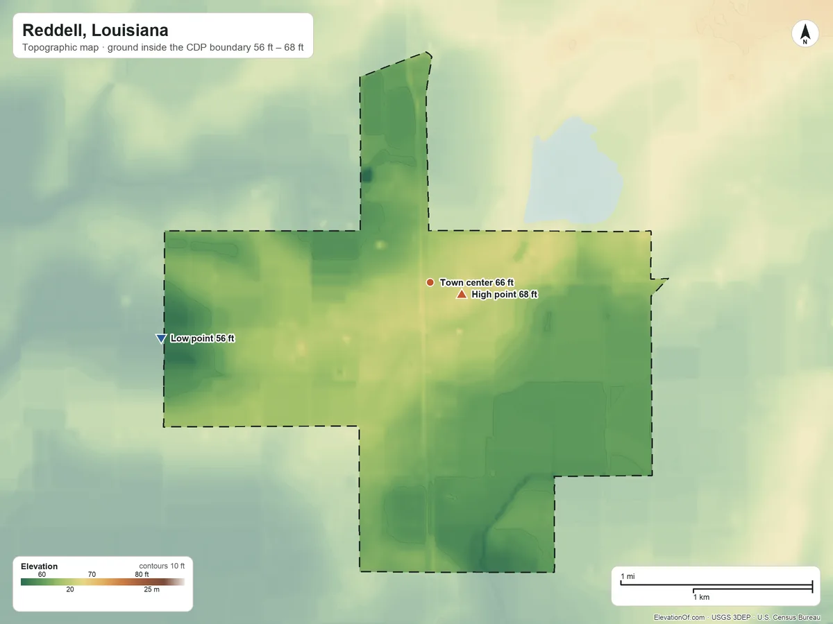 Topographic elevation map of Reddell, Louisiana, shaded from 56 ft on the west side to 68 ft near the middle